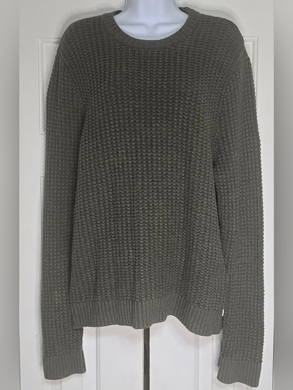 Hollister Sweater Mens XL Green Crewneck Chunky Waffle Knit Cotton Blend Casual